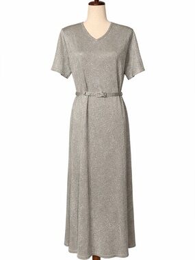 Vintage Nina Leonard silver metallic maxi dress. Short sleeve, matching belt, L
